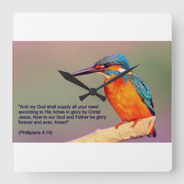 KINGFISHER and Christian verse of Philippians 4:19 Square Wall Clock (Front)