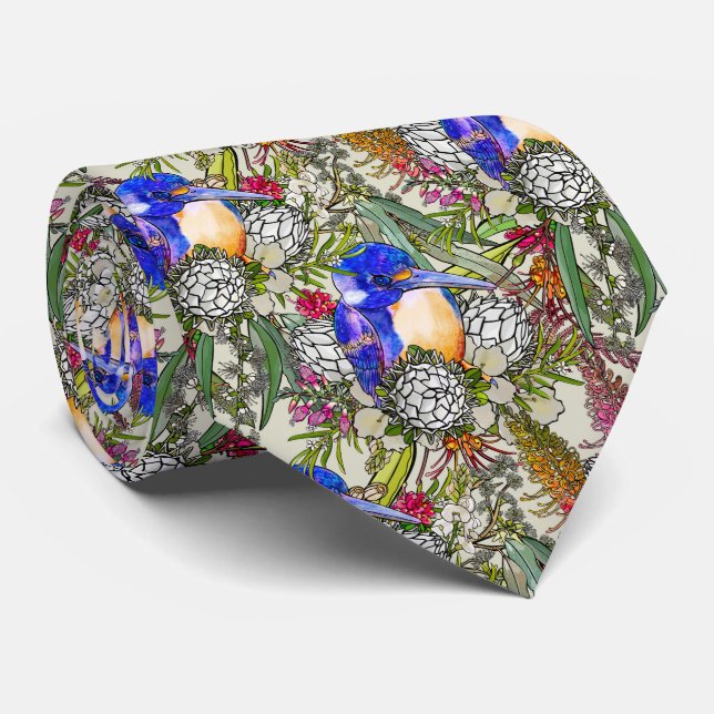 Kingfisher and Native Australian Flowers Tie (Rolled)