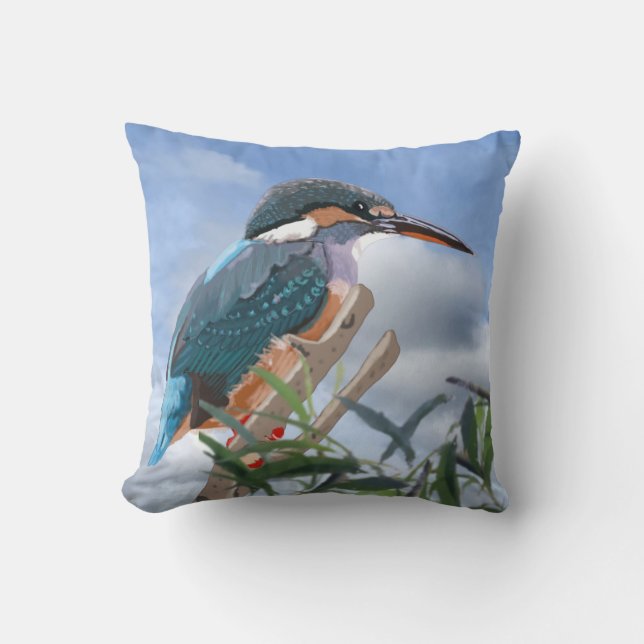 Kingfisher and Willow Reversible Throw Pillow (Front)