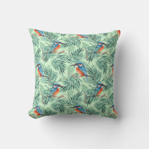 Kingfisher. Bird and leaves Cushion