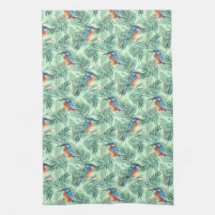 Kingfisher. Bird and leaves Tea Towel