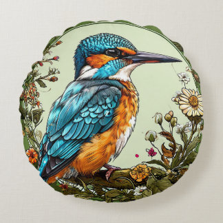 🦜 Kingfisher Bird Gift For Home Decor 🌿 Round Cushion