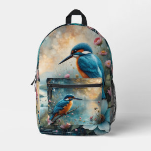 Kingfisher bird over water and Roses Printed Backpack