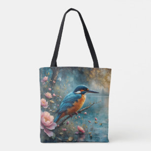Kingfisher bird over water and Roses Tote Bag