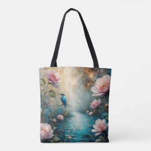 Kingfisher bird over water and Roses Tote Bag