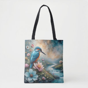 Kingfisher bird over water and Roses Tote Bag