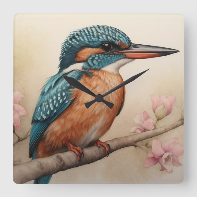 Kingfisher Bird Square Wall Clock (Front)