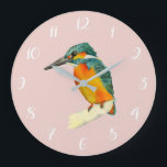 Kingfisher Bird Watercolor Painting Large Clock<br><div class="desc">This is a watercolor painting of a kingfisher bird. It is sitting on the edge of a branch. The bird has bright colours. Orange and yellow on his belly and green on his head and wings. He is looking sideways.</div>