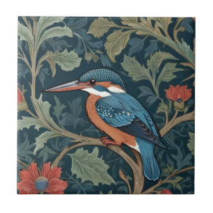 Kingfisher Bird William Morris style Left facing Ceramic Tile