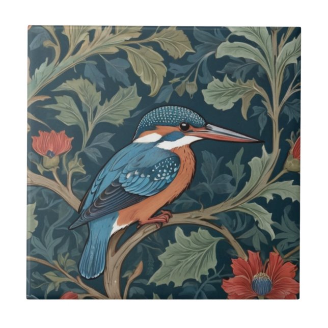 Kingfisher Bird William Morris style Right facing Ceramic Tile (Front)