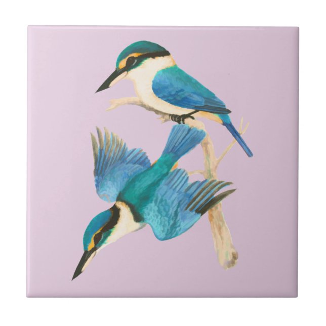 Kingfisher Birds Watercolor Pink Ceramic Tile (Front)
