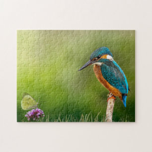 Kingfisher Butterfly Nature Flower Bird Perched Jigsaw Puzzle