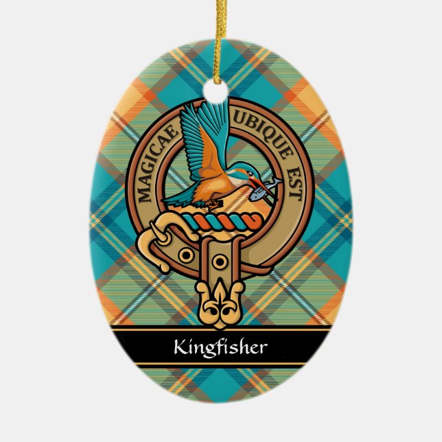 Kingfisher Crest over Tartan Ceramic Ornament (Front)
