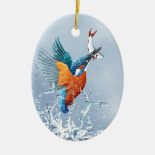 Kingfisher flying out of the water ceramic tree decoration