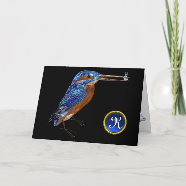 KINGFISHER MONOGRAM , Blue Sapphire, Black Note Card (Front)