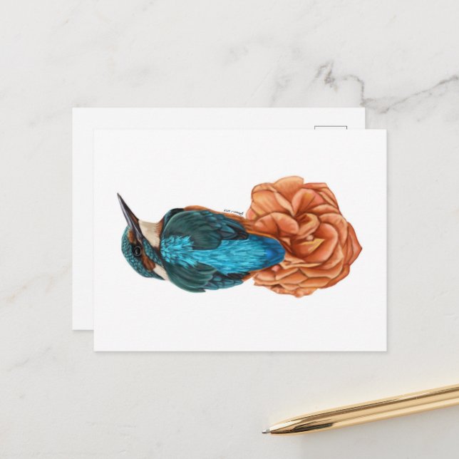 Kingfisher on Flower Postcard Print  (Front/Back In Situ)