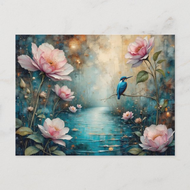 Kingfisher over water and pink roses postcard (Front)