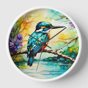 Kingfisher over Water and Wildflowers Clock