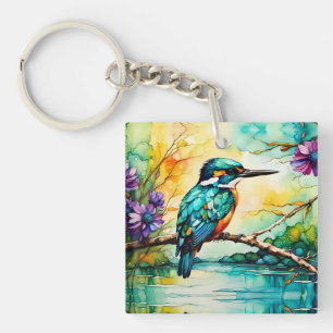Kingfisher over Water and Wildflowers Key Ring