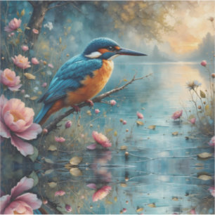 Kingfisher perched over water pink flowers