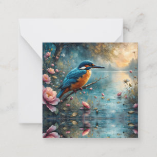 Kingfisher perched over water pink flowers card