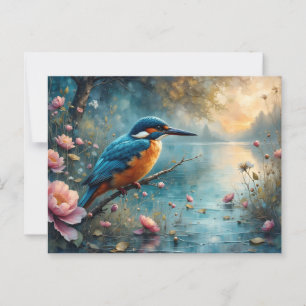 Kingfisher perched over water pink flowers postcard