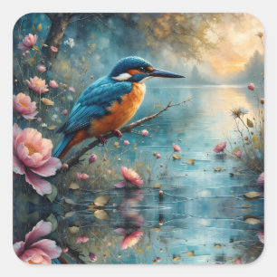 Kingfisher perched over water pink flowers square sticker