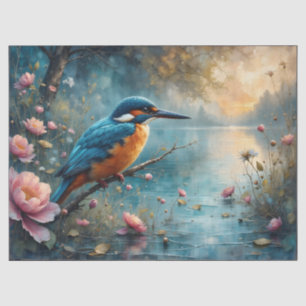 Kingfisher perched over water pink flowers tissue paper