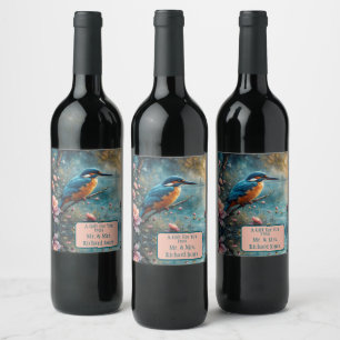 Kingfisher perched over water pink flowers wine label