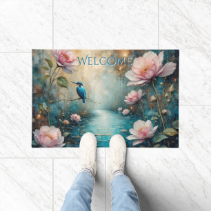 Kingfisher perched over water Pink Roses Doormat