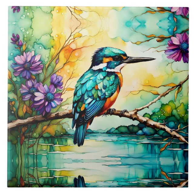 Kingfisher perched over water Wildflowers  Ceramic Tile (Front)
