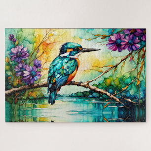 Kingfisher perched over water Wildflowers  Jigsaw Puzzle
