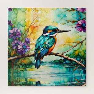 Kingfisher perched over water Wildflowers Jigsaw Puzzle