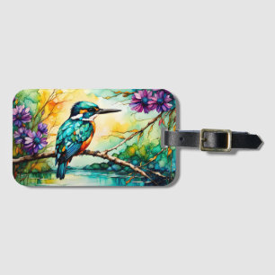Kingfisher perched over water Wildflowers  Luggage Tag