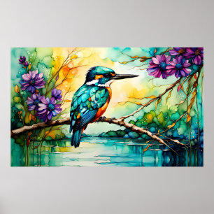 Kingfisher perched over water Wildflowers Poster