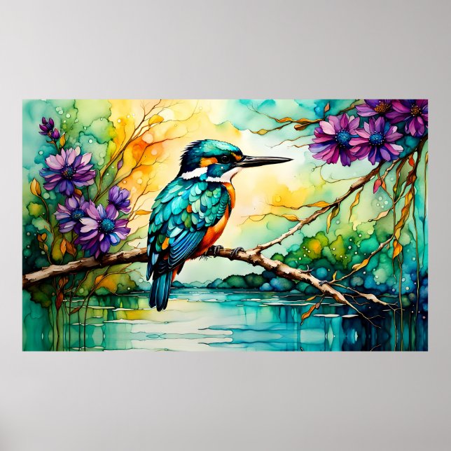 Kingfisher perched over water Wildflowers  Poster (Front)