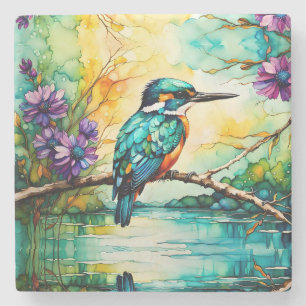 Kingfisher perched over water Wildflowers Stone Coaster