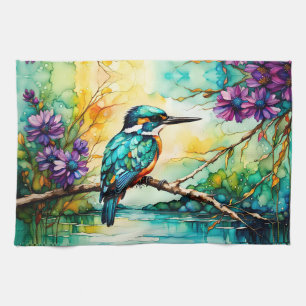 Kingfisher perched over water Wildflowers Tea Towel