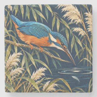 Kingfisher & Reed Blue Orange Fishing Bird Stone Coaster