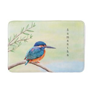 Kingfisher Watercolor Blue Orange Bird Bath Mat