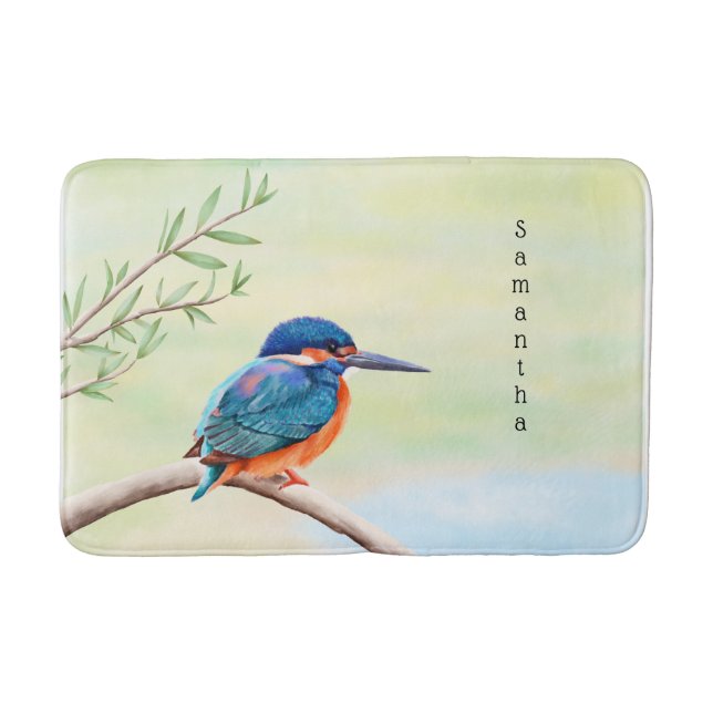 Kingfisher Watercolor Blue Orange Bird Bath Mat (Front)