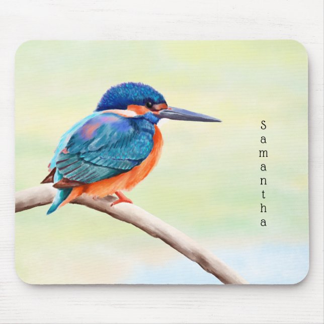 Kingfisher Watercolor Blue Orange Bird Mouse Pad (Front)