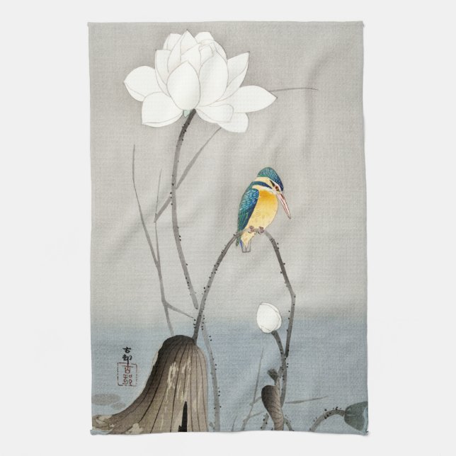 Kingfisher with Lotus Flower - Ohara Koson -  Tea Towel (Vertical)