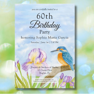 Kingfisher with Purple Irises Any Age Birthday Invitation