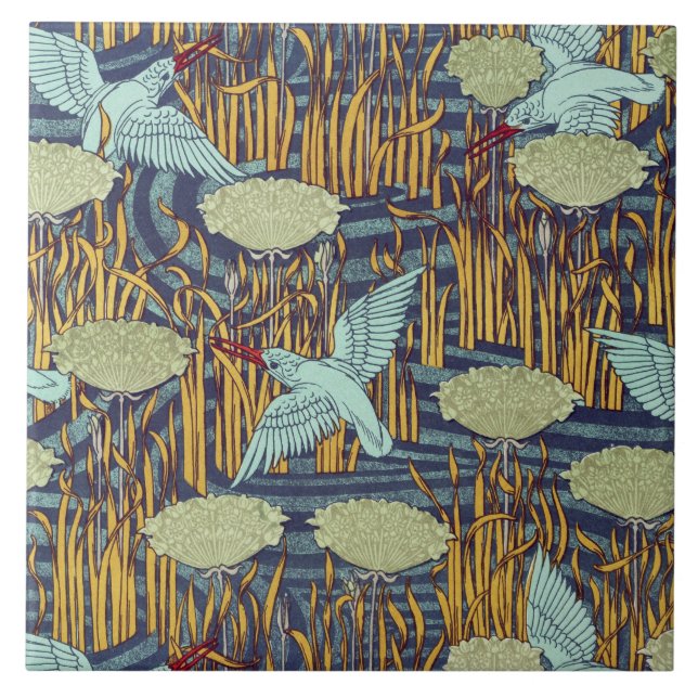 KINGFISHERS AND FLOWERING RUSH Art Nouveau Floral Ceramic Tile (Front)