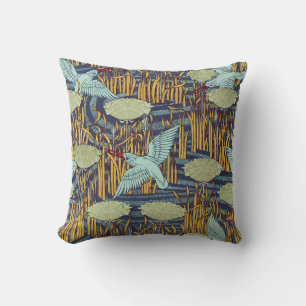 KINGFISHERS AND FLOWERING RUSH Art Nouveau Floral Cushion