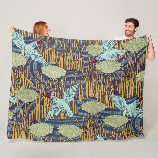 KINGFISHERS AND FLOWERING RUSH Art Nouveau Floral Fleece Blanket (In Situ)