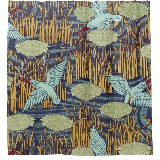 KINGFISHERS AND FLOWERING RUSH Art Nouveau Floral Shower Curtain (Front)
