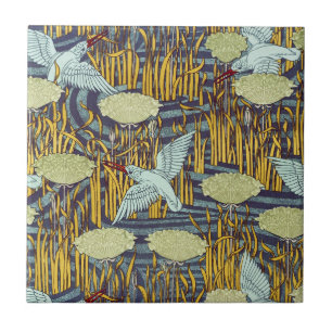 Kingfishers & Flowering Rush Art Nouveau Ceramic Tile