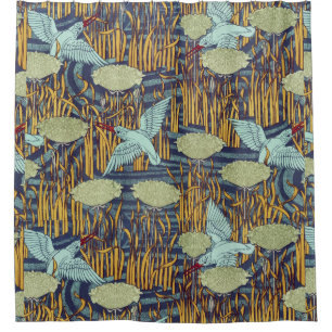 KINGFISHERS IN FLOWERING RUSH Art Nouveau Floral  Shower Curtain